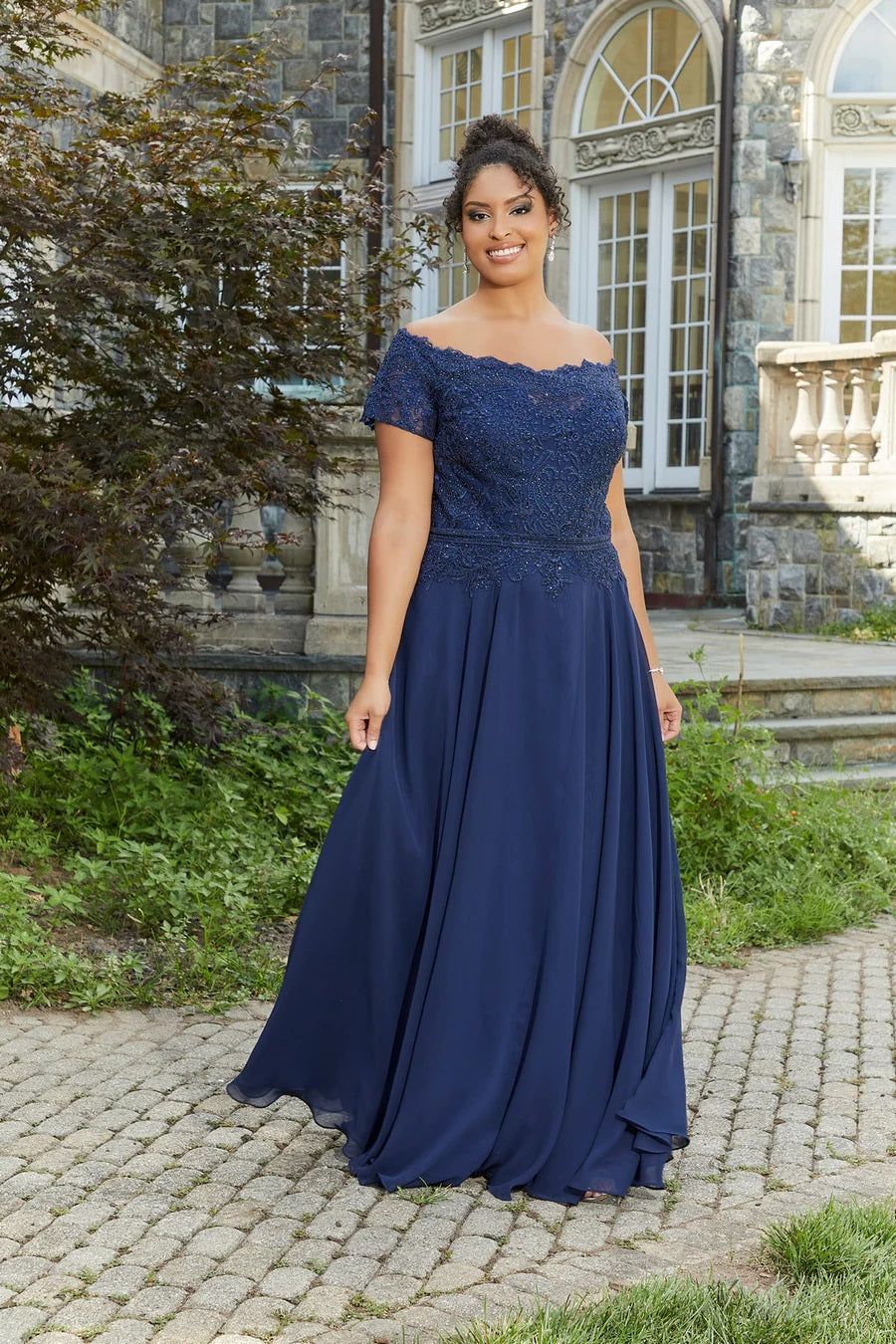 Navy Blue Off-the-Shoulder Lace and Chiffon Gown Navy Blue Off-the-Shoulder Lace and Chiffon Gown — Mother of the Groom Dresses