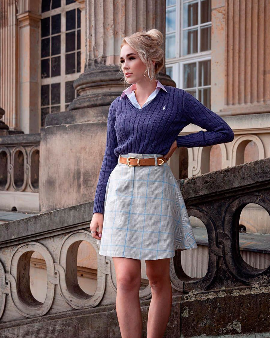 Grey Plaid A-Line Skirt with Navy Sweater Grey Plaid A-Line Skirt with Navy Sweater — A Line Skirt Outfits