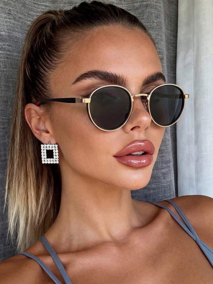 Glamorous Camisole with Gold-Rimmed Shades — Round Sunglasses Outfits