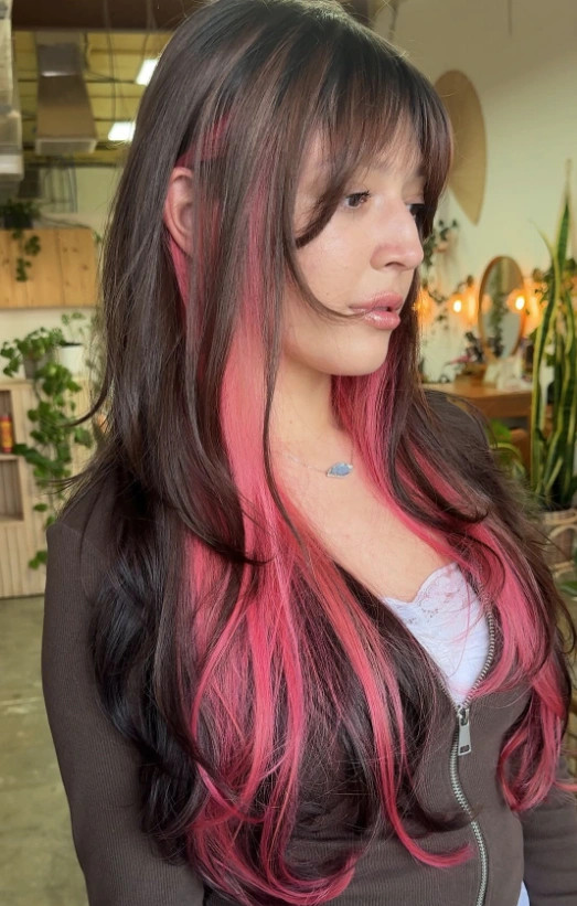 Mid-Back Dark Brown With Bright Pink Streaks Mid-Back Dark Brown With Bright Pink Streaks — Pink Highlights