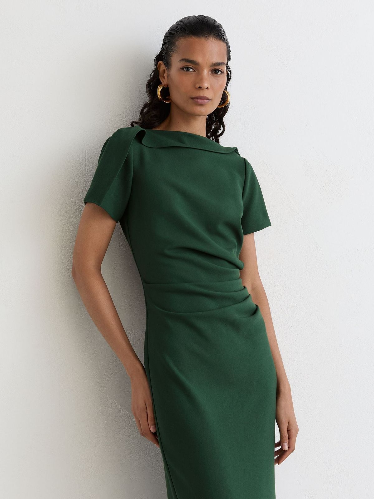 Draped Neckline Dark Green Sheath Dress for Work or Evening — Sheath Dresses