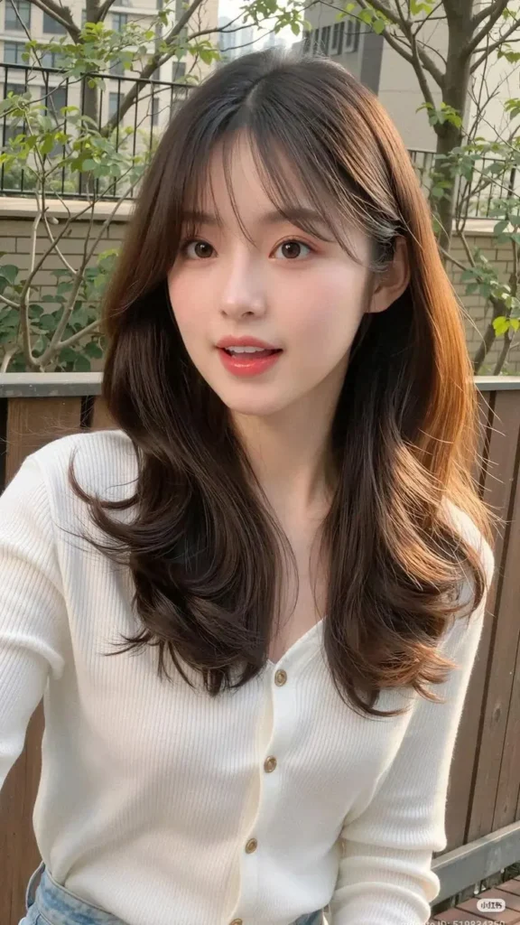 Casual White Knit Cardigan with Soft Side-Swept Bangs Casual White Knit Cardigan with Soft Side-Swept Bangs — Side Bangs