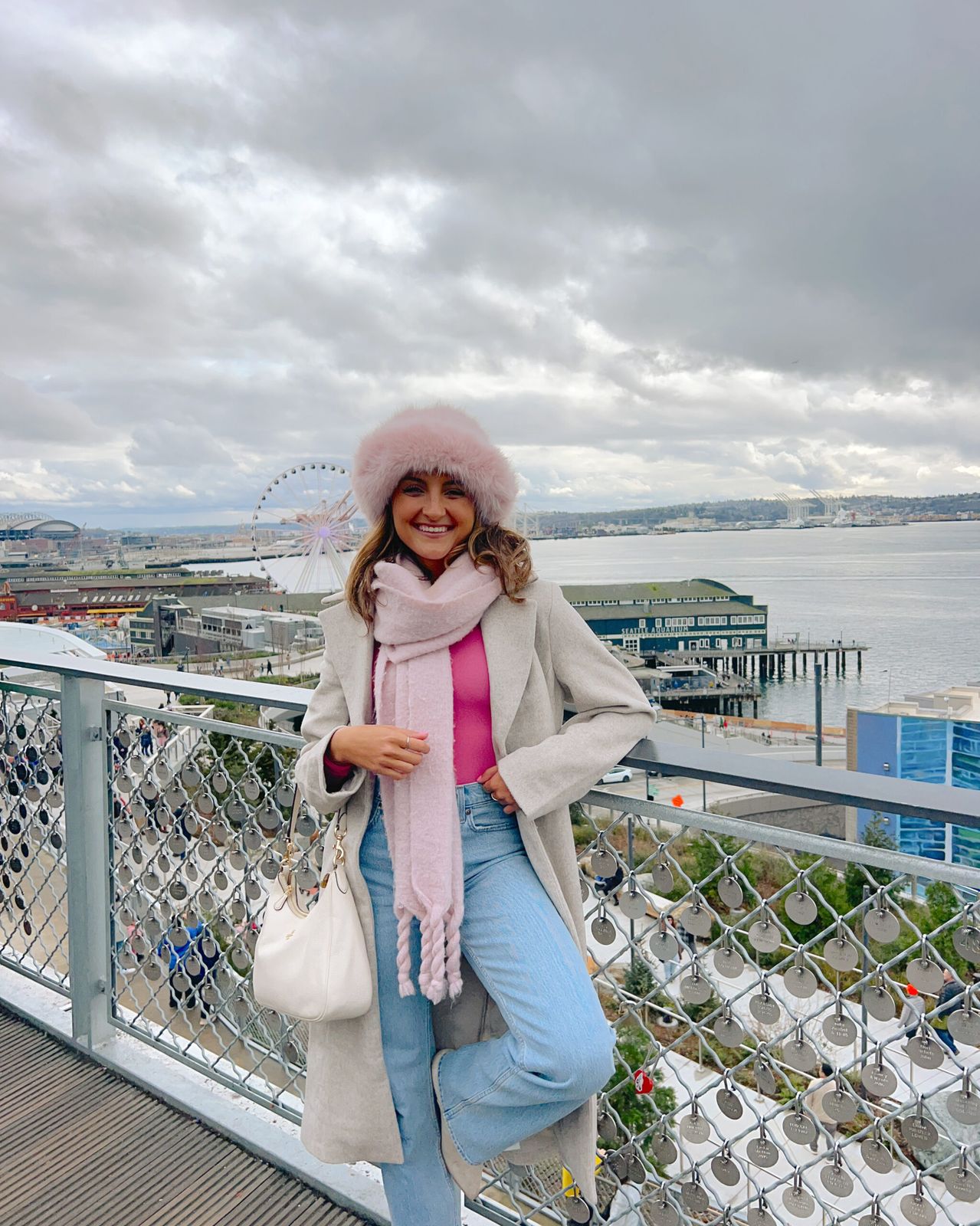 Pink Fuzzy Hat and Scarf Set with Light Grey Coat Pink Fuzzy Hat and Scarf Set with Light Grey Coat — Seattle Outfits