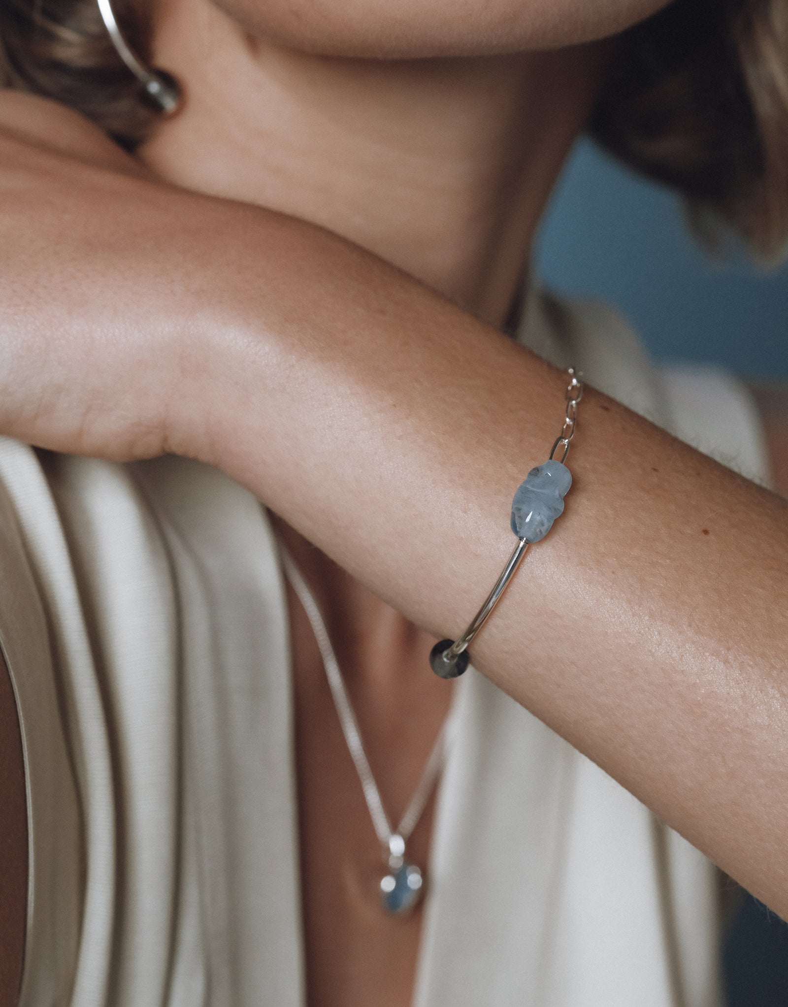 Sterling Silver Bracelet with Blue Stone Charm Sterling Silver Bracelet with Blue Stone Charm — Silver Jewelry
