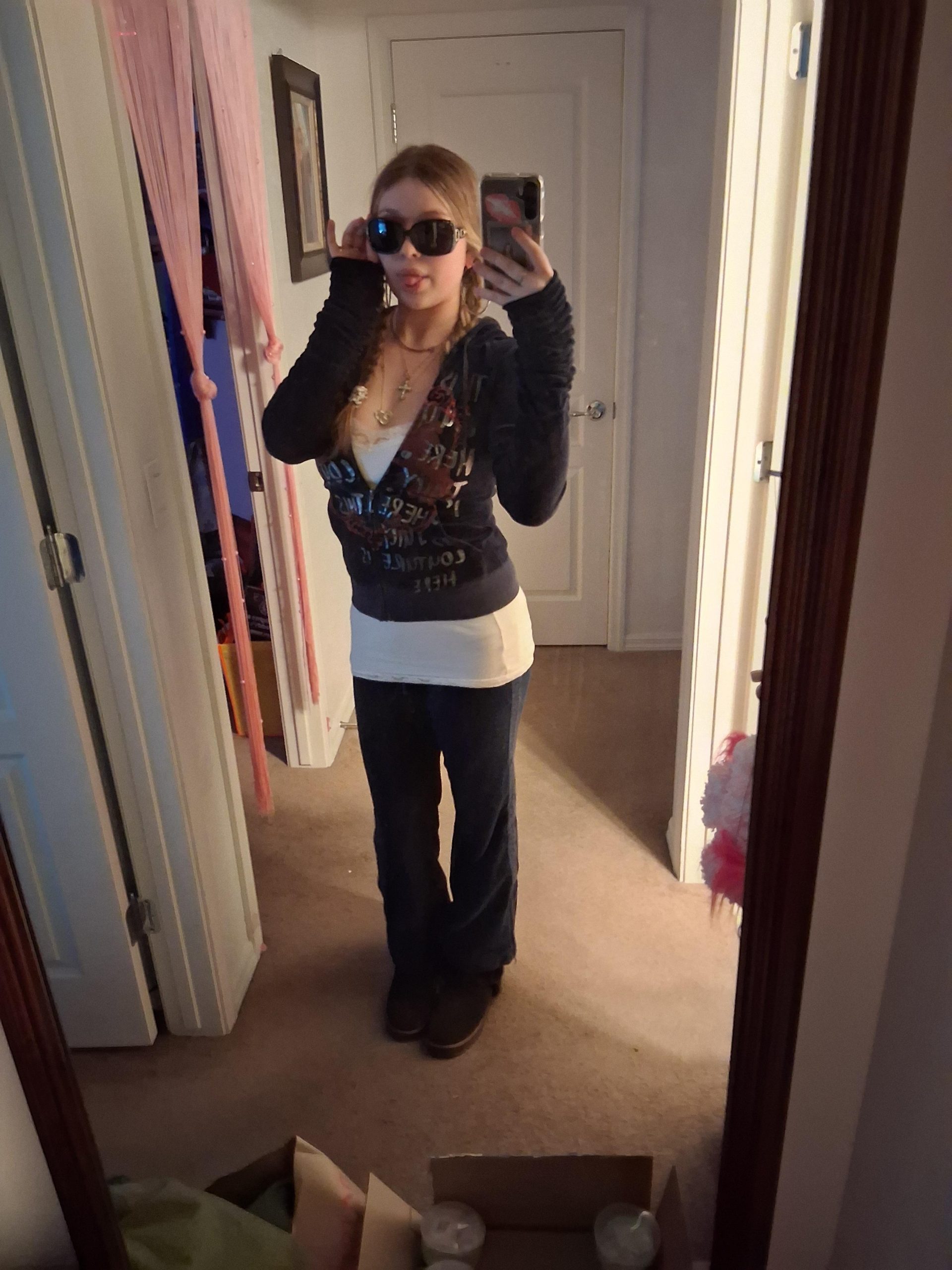 Mirror Selfie Style: Dark Velour Hoodie and Flared Jeans Mirror Selfie Style: Dark Velour Hoodie and Flared Jeans — McBling Outfits