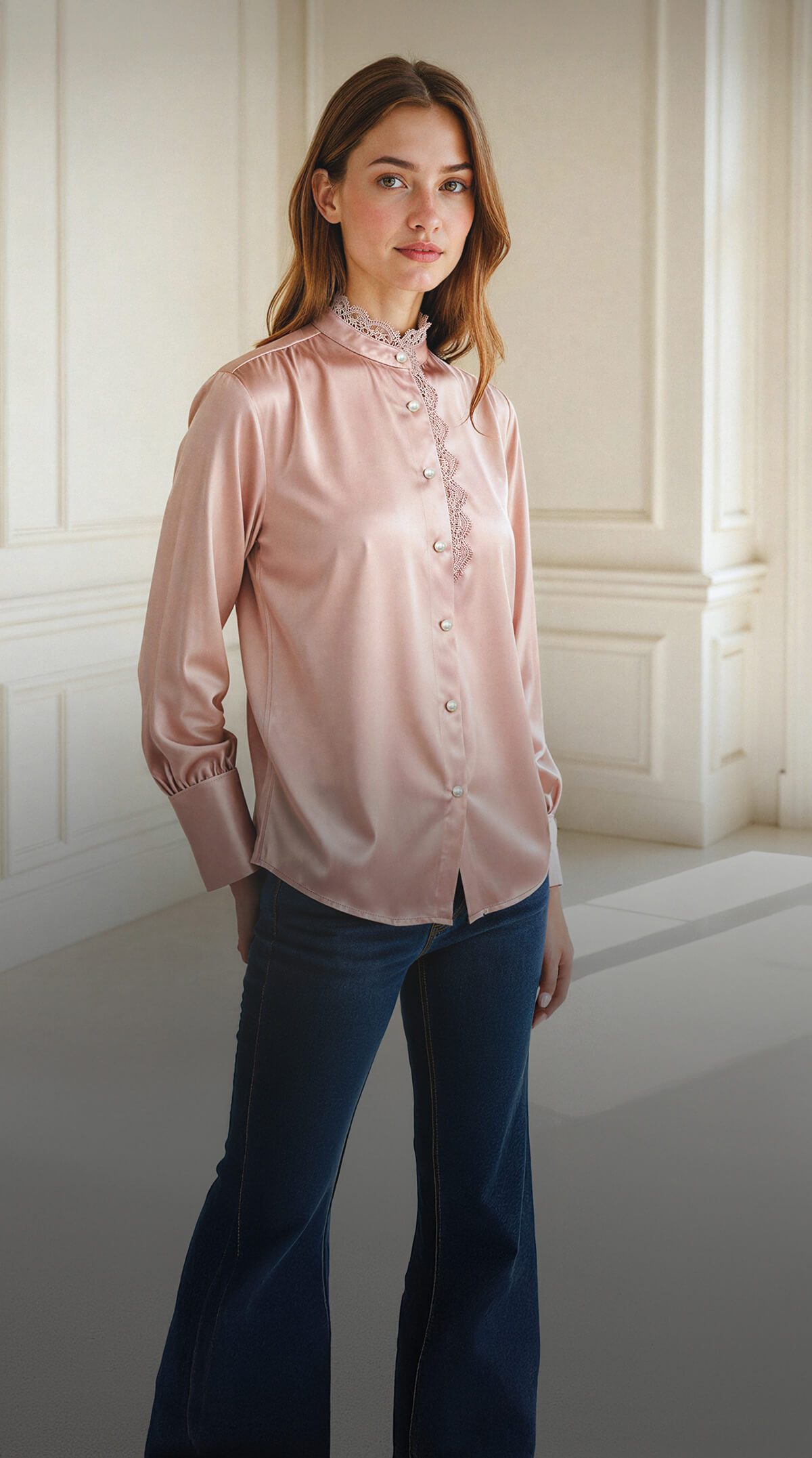 Pink Satin Blouse with Lace Trim and Pearl Buttons Pink Satin Blouse with Lace Trim and Pearl Buttons — Blouses