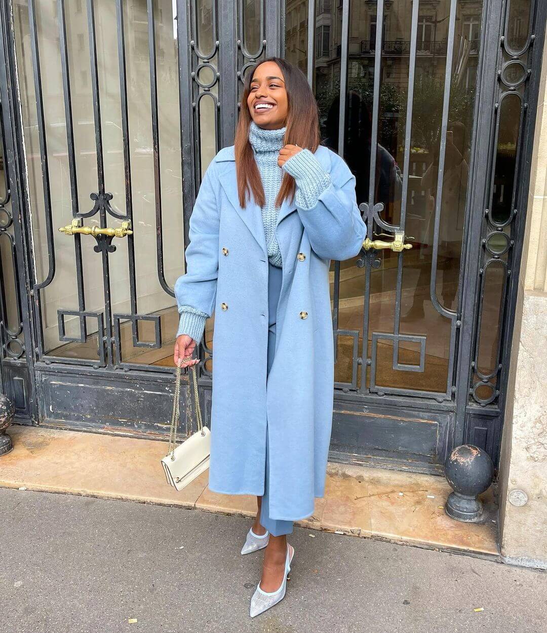 Monochromatic Light Blue Coat and Tailored Pants Monochromatic Light Blue Coat and Tailored Pants — Colorful Outfits