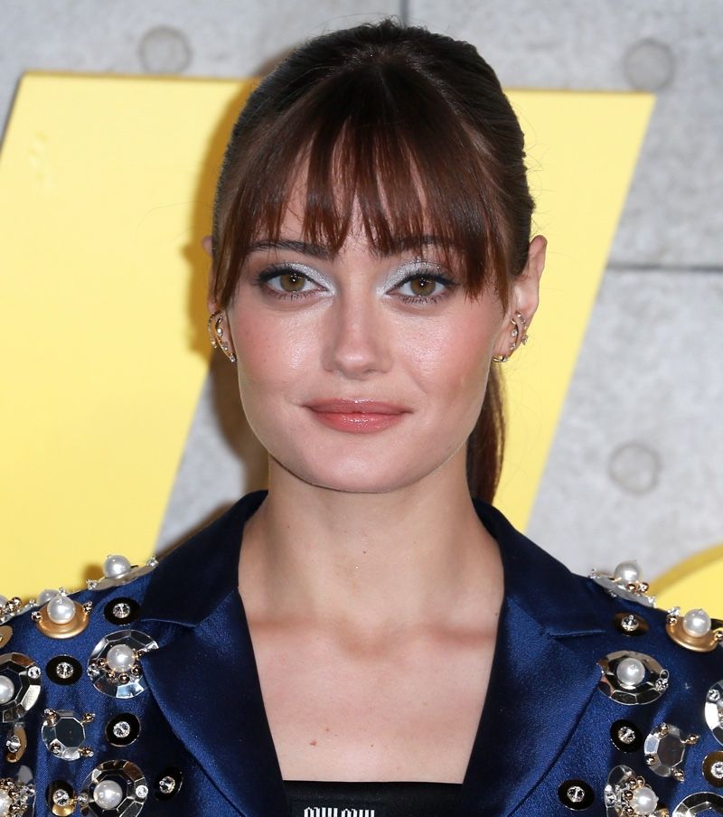 Medium Brown Low Ponytail with Wispy Bangs — Ponytail with Bangs