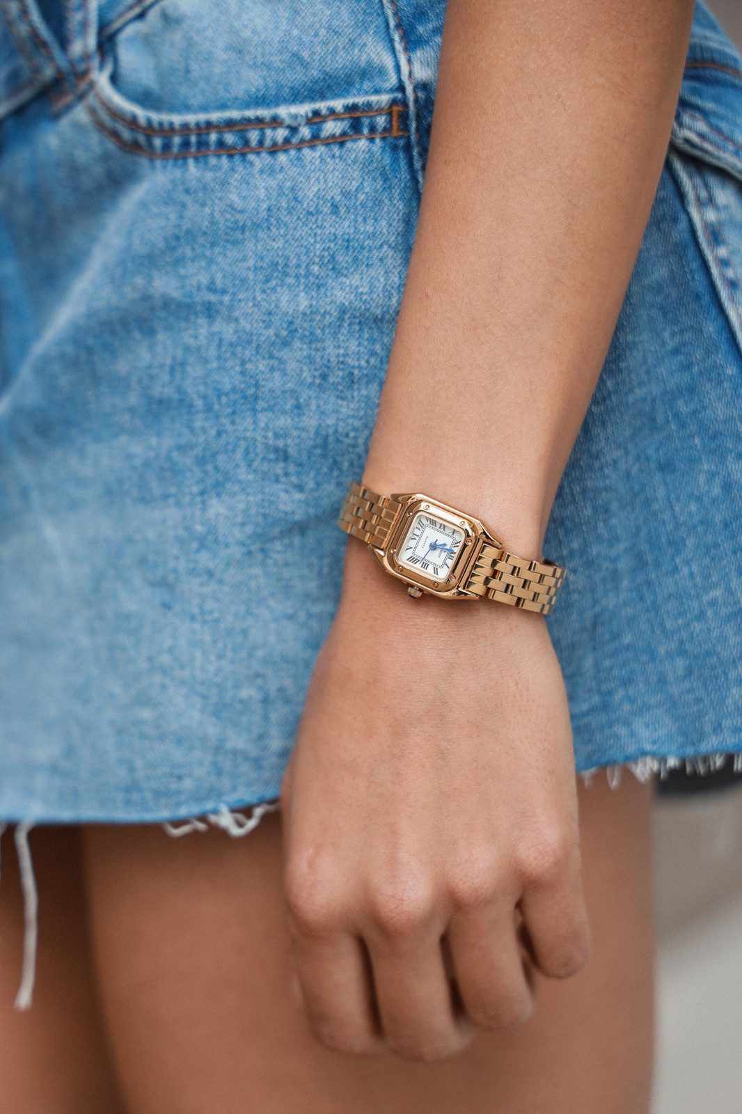 Gold Square Watch with Denim Skirt — Gold Watches for Women