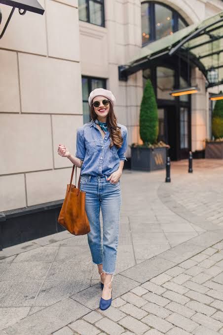 Denim Shirt with Beret and Scarf Denim Shirt with Beret and Scarf — Denim Shirt Outfits