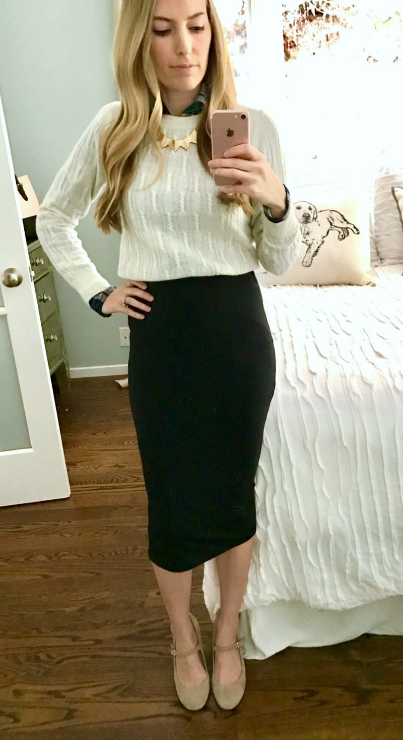 Cable Knit Sweater Layered Over a Plaid Shirt and Black Pencil Skirt Cable Knit Sweater Layered Over a Plaid Shirt and Black Pencil Skirt — Teacher Conference Outfits