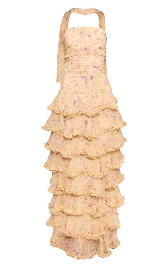 Ruffled Floral Tiered Maxi Dress for Elegant Evenings — Tiered Dresses