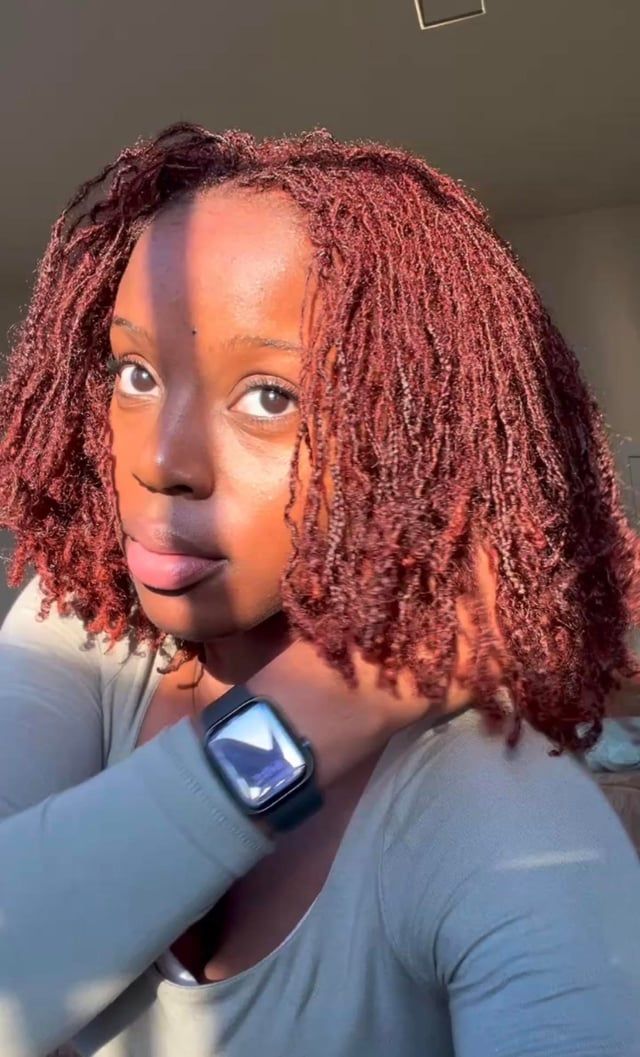 Front View Close Crop Shoulder Length Micro Locs in Vibrant Red Front View Close Crop Shoulder Length Micro Locs in Vibrant Red — Red Locs