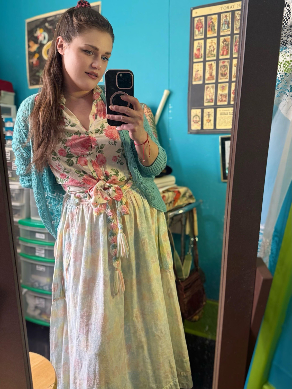 Pastel Floral Dress with Light Blue Knitted Cardigan Pastel Floral Dress with Light Blue Knitted Cardigan — Grandmacore Outfits