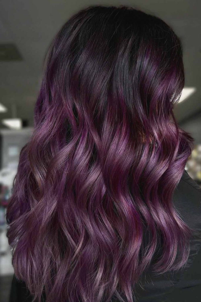 Mid-Back Dark Purple with Vibrant Highlights — Dark Purple Hair