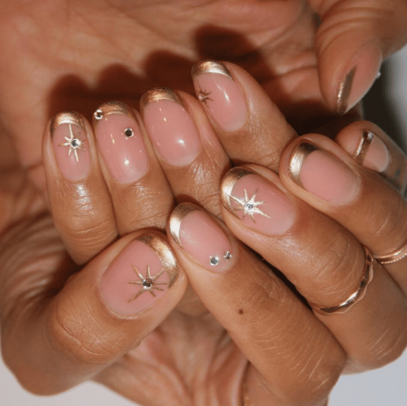 Short Oval Gold French with Stars Short Oval Gold French with Stars — Professional Nails