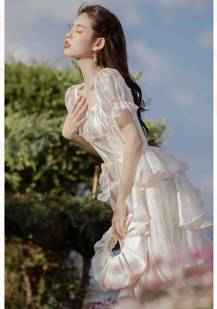 Ivory Floral Print Dress with Puff Sleeves and Tiered Ruffles — Princesscore Outfits