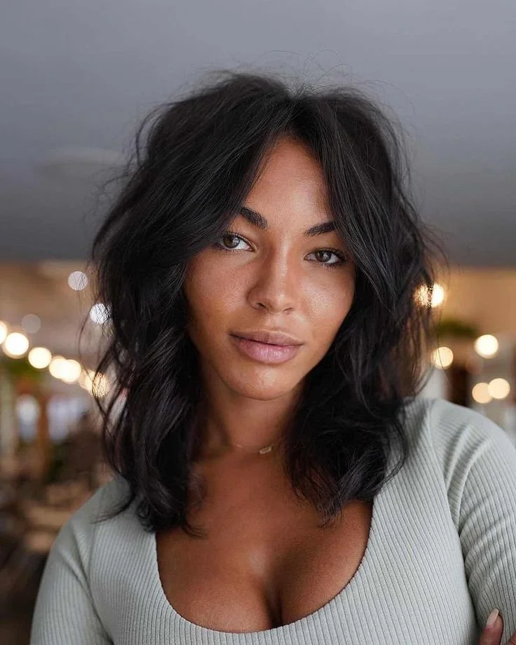 Dark Brown Layered Shag With Curtain Bangs — Shoulder Length Hairstyles