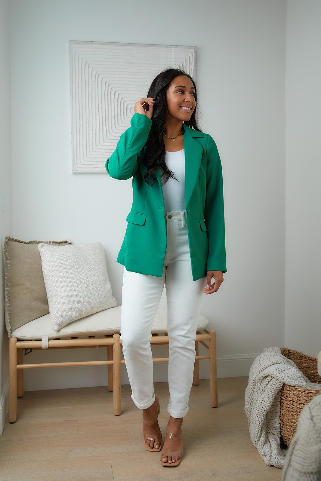 Sharp Bright Green Blazer with White Slim Trousers — Green Outfits