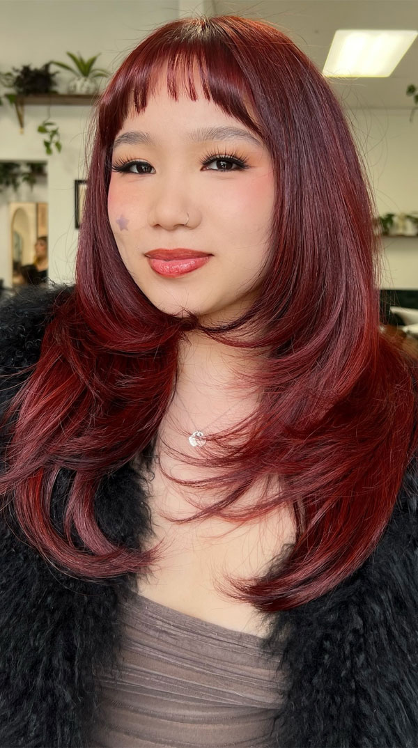 Edgy Glam: Red Layers with Baby Bangs and Faux Fur — Bangs with Layers