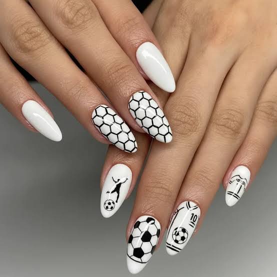 Black and White Long Almond Soccer Motifs Black and White Long Almond Soccer Motifs — Soccer Nails
