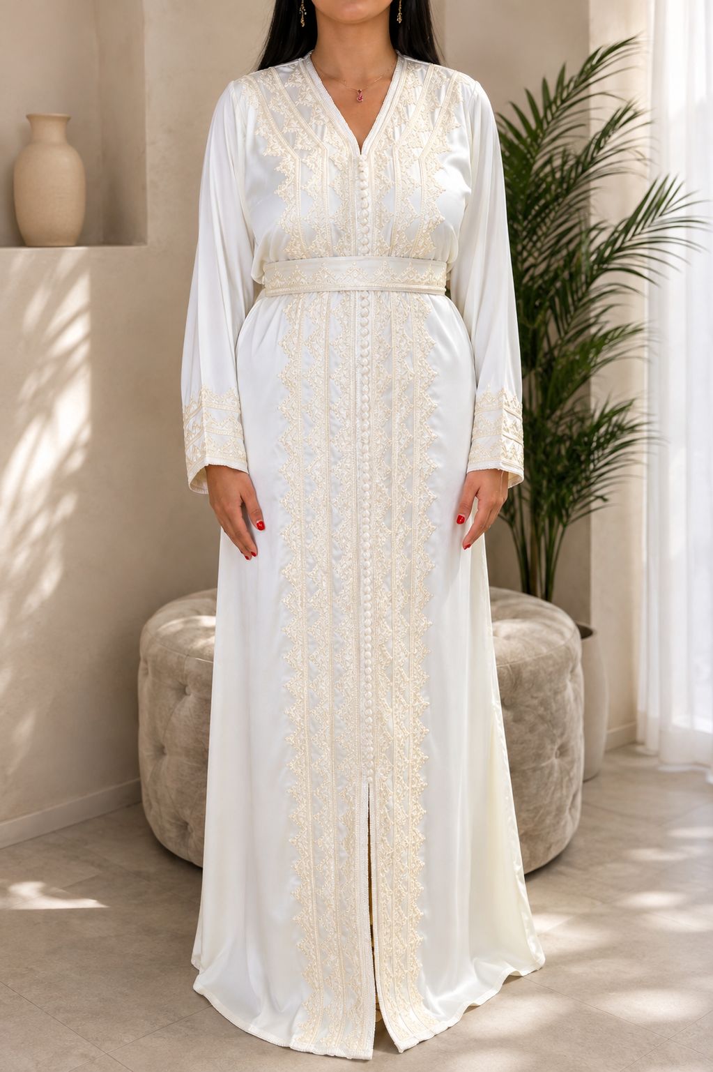 Elegant White Dress with Cream Embroidery and Belt Elegant White Dress with Cream Embroidery and Belt — Morocco Outfits