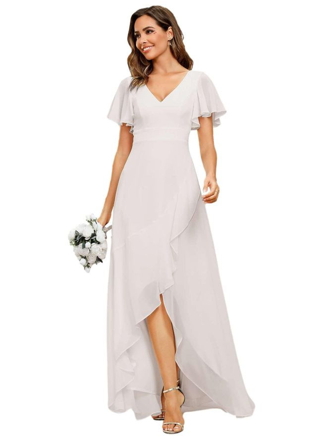 White Chiffon Ruffled High-Low Dress for Wedding Guests — High Low Dresses