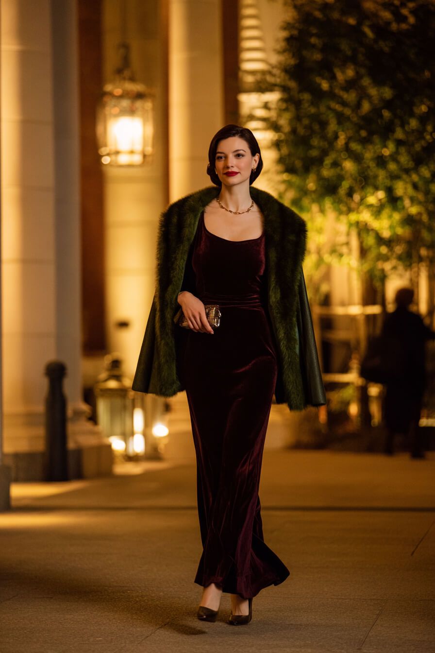 Burgundy Velvet Gown with Fur-Trimmed Coat for Opera Burgundy Velvet Gown with Fur-Trimmed Coat for Opera — Opera Outfits