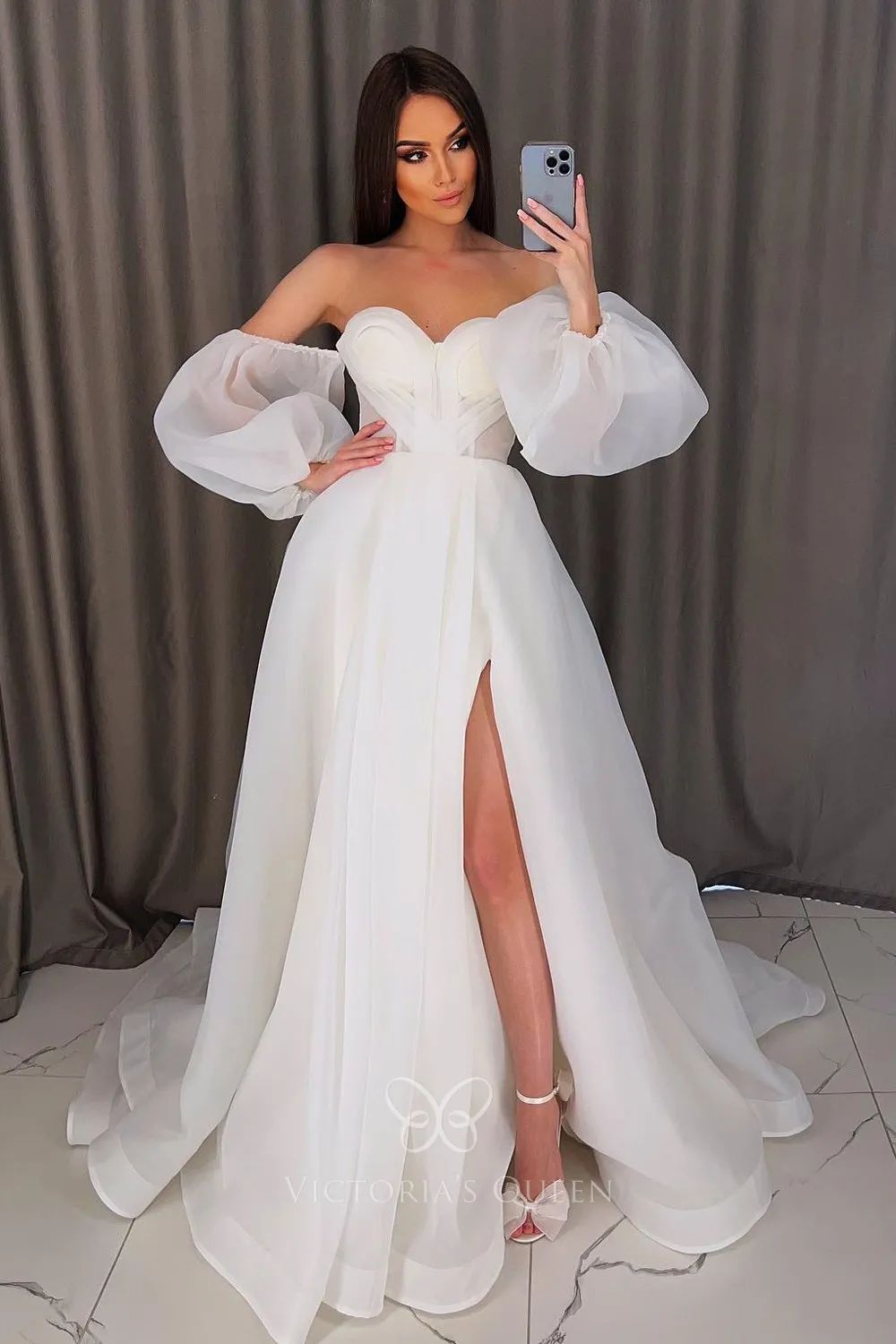 Ivory Organza Gown with Off-the-Shoulder Neckline and Puff Sleeves Ivory Organza Gown with Off-the-Shoulder Neckline and Puff Sleeves — Bridal Shower Dresses