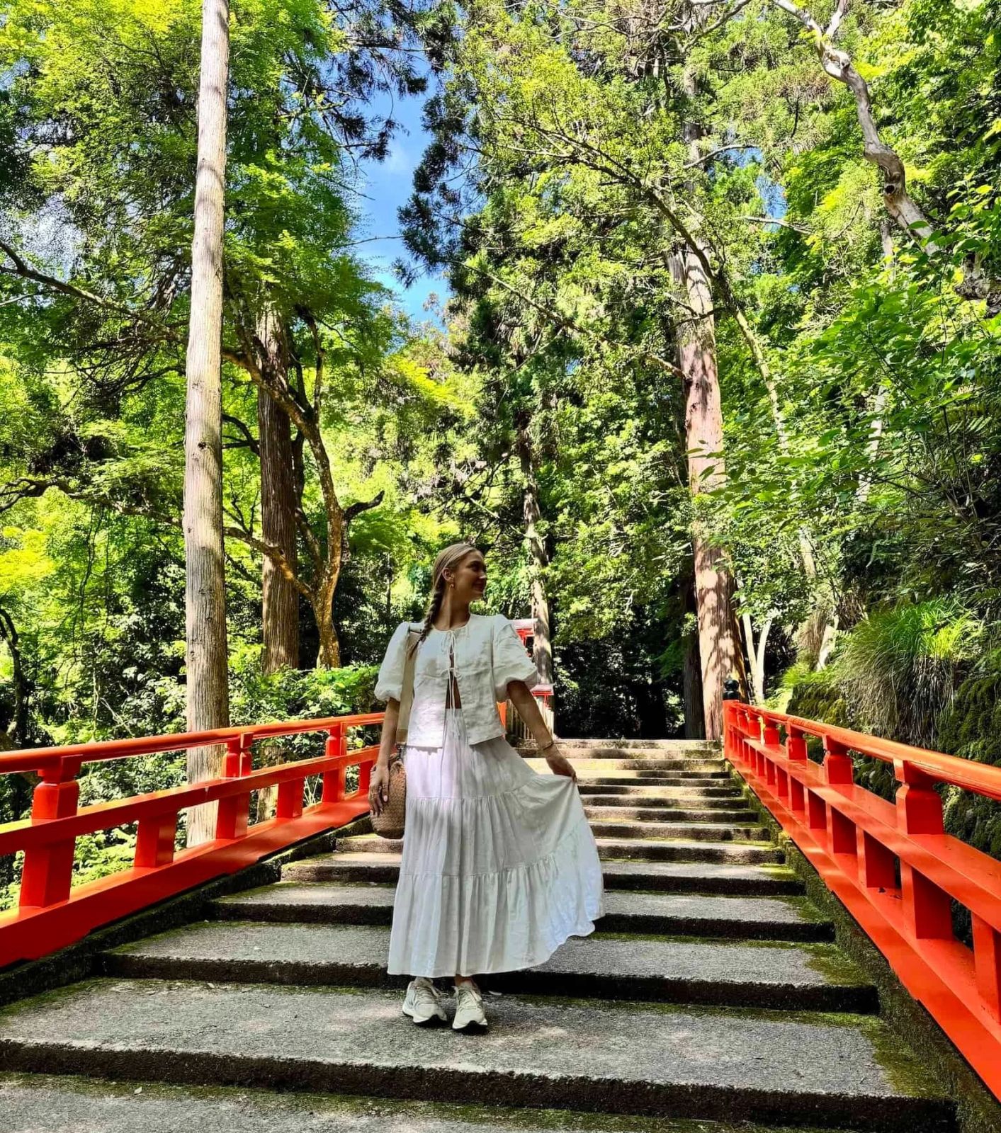 White Tiered Maxi Dress and Cropped Jacket for Kyoto Sightseeing — Kyoto Outfits