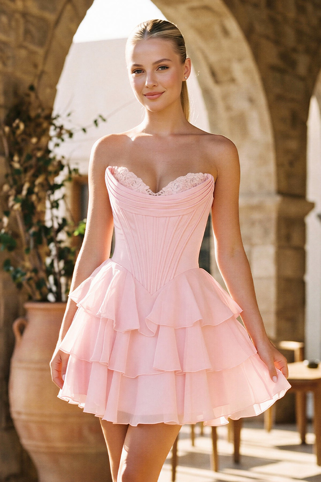 Blush Pink Mini Dress with Ruffled Tiers and Corset Bodice Blush Pink Mini Dress with Ruffled Tiers and Corset Bodice — Corset Dresses