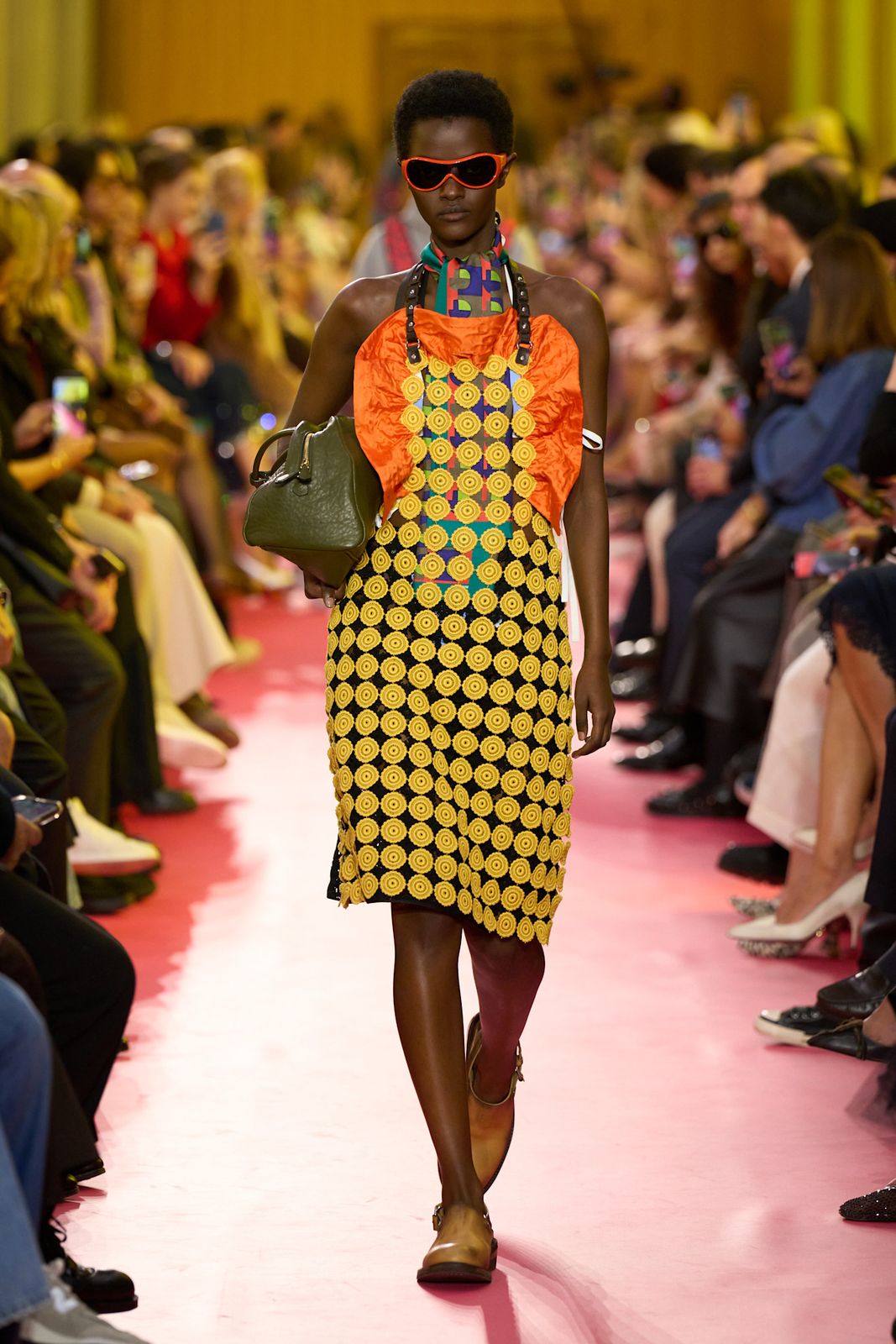 Miu Miu Orange and Yellow Patterned Top with Navy Skirt — Miu Miu Outfits