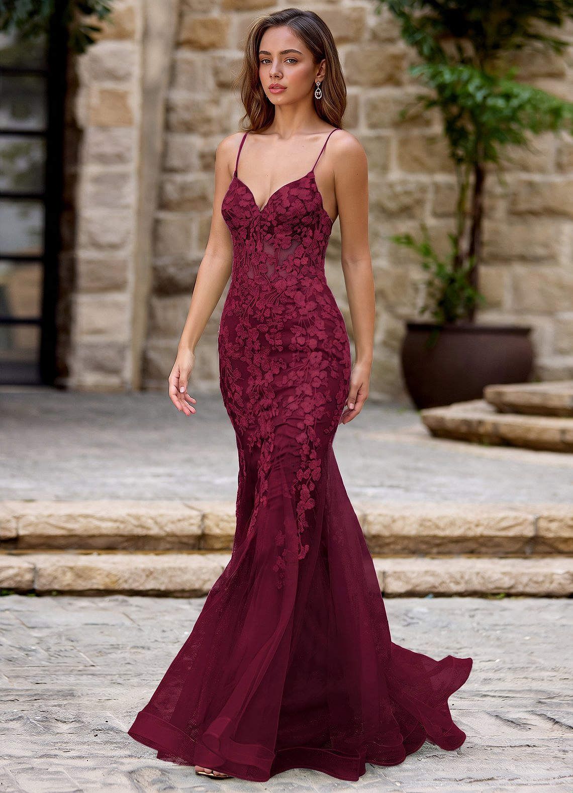 Burgundy Lace Mermaid Prom Dress with Floral Motifs Burgundy Lace Mermaid Prom Dress with Floral Motifs — Mermaid Dresses