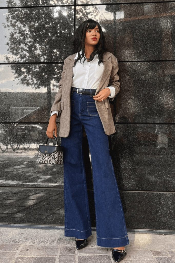 Wide-Leg Jeans, Tweed Blazer, and Black Patent Heels — Heels with Jeans Outfits