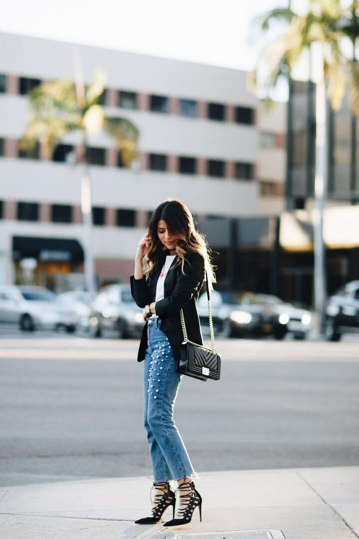 Chic Casual: Pearls, Denim, and Lace-Up Stilettos — Stiletto Heels Outfits