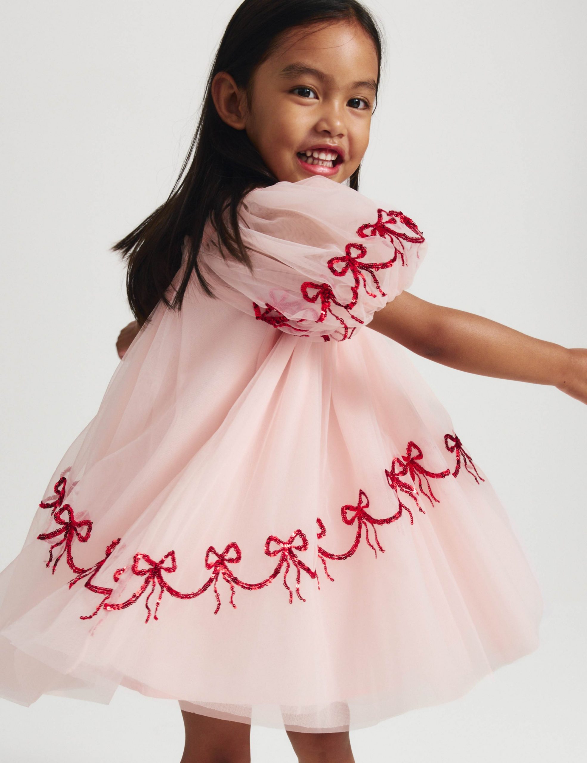 Pale Pink Tulle Dress with Red Sequin Bows Pale Pink Tulle Dress with Red Sequin Bows — Little Girl Outfits