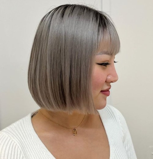 Ash Blonde Bob With Dark Roots and Bangs — Gray Bob