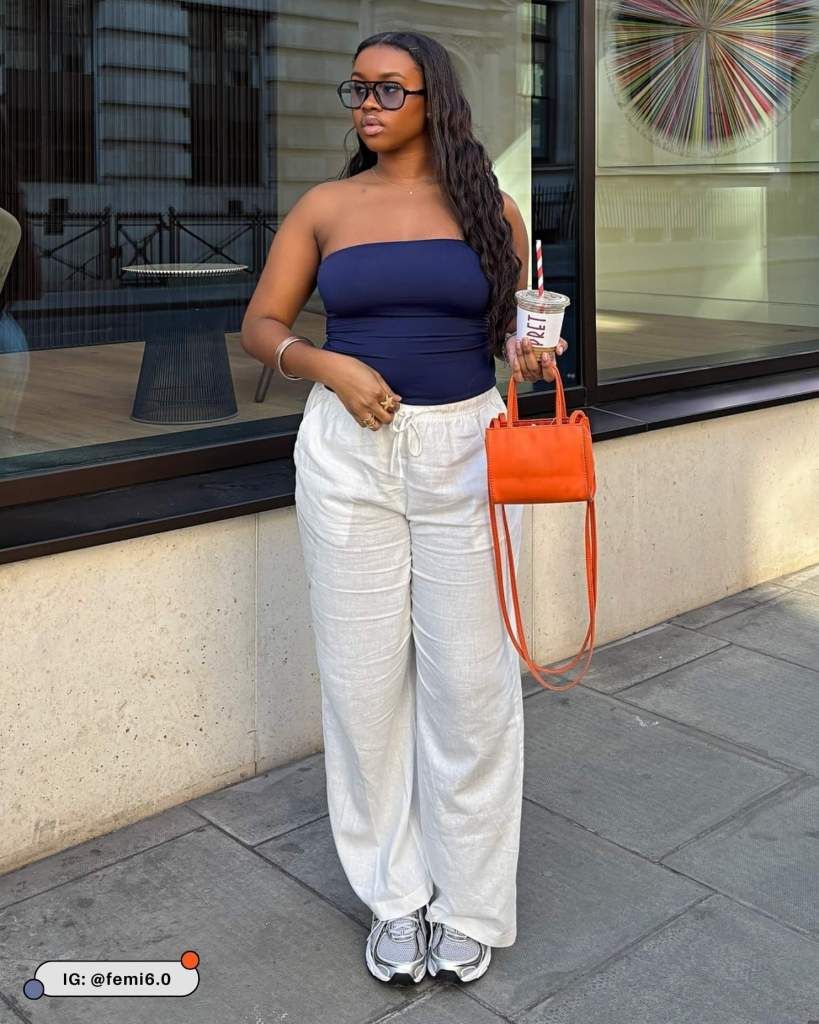 Navy Tube Top with White Linen Pants and Orange Handbag Navy Tube Top with White Linen Pants and Orange Handbag — Tube Top Outfits