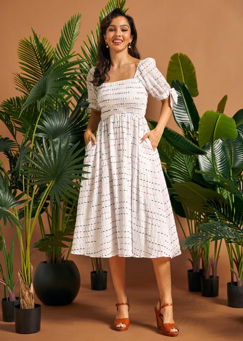 White Smocked Bodice Midi Dress with Puffed Sleeves White Smocked Bodice Midi Dress with Puffed Sleeves — Square Neck Dresses