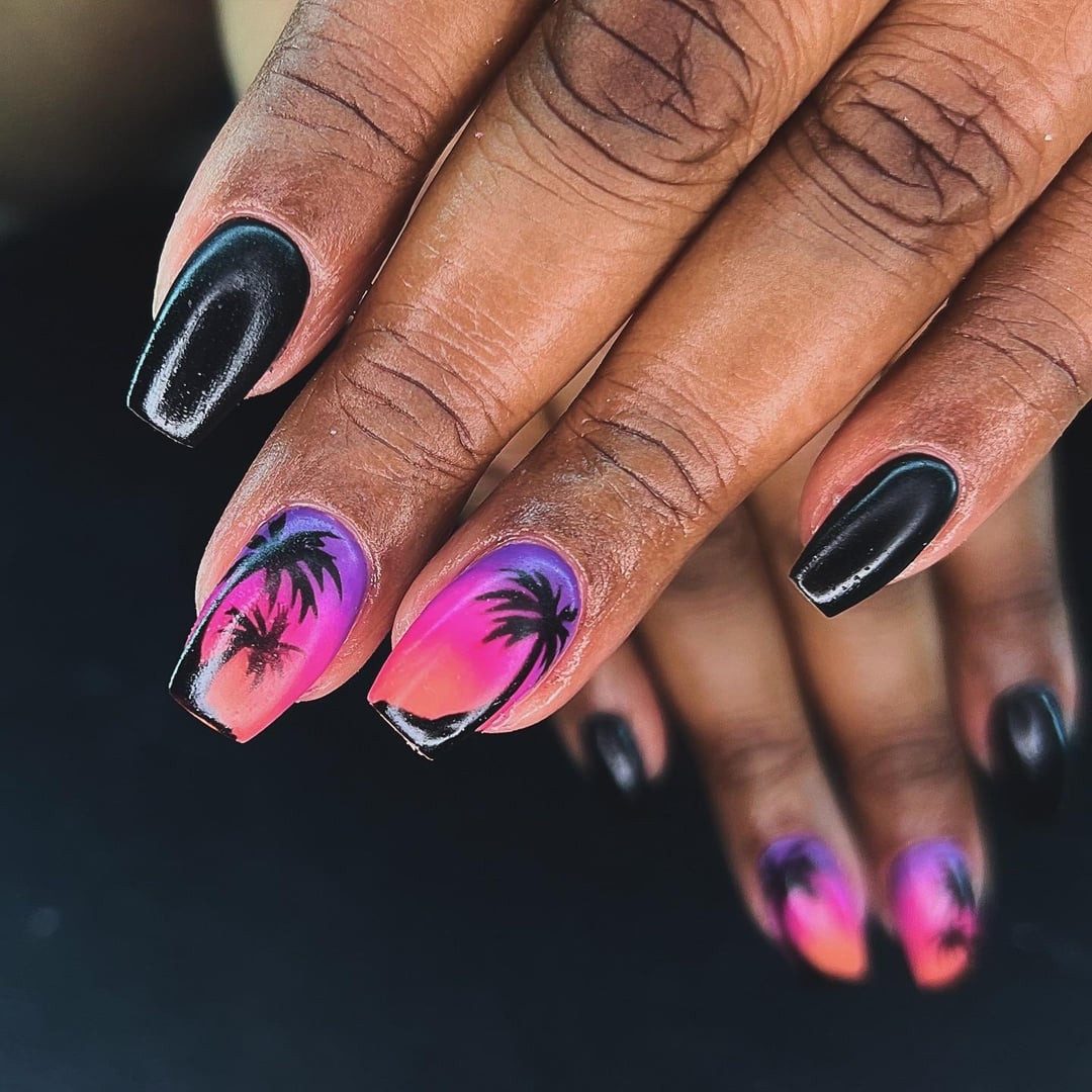 Tropical Sunset Palm Tree Coffin Nails Tropical Sunset Palm Tree Coffin Nails — Sunset Nails