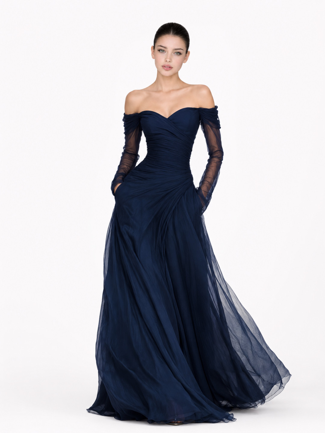 Dark Blue Off-the-Shoulder Tulle Gown with Sheer Sleeves — Off the Shoulder Dresses