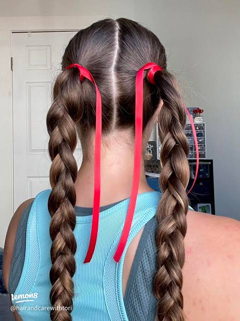 Chunky Black Pigtail Braids With Accessories — Two Braids