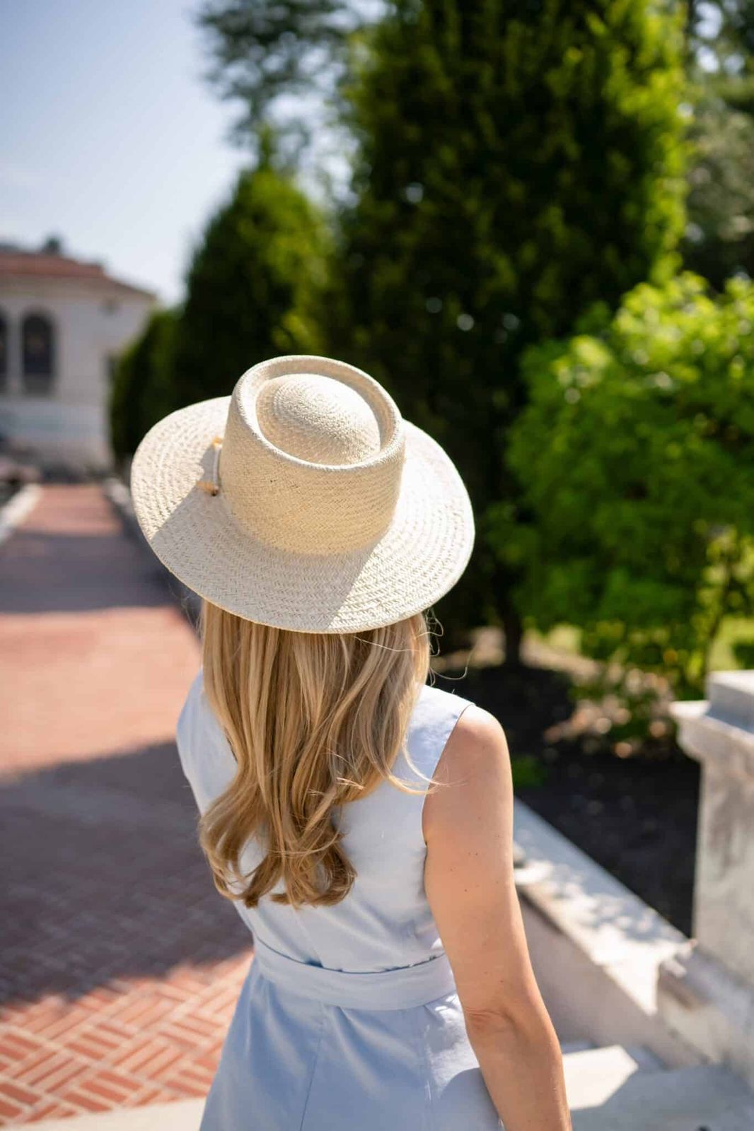 Light Blue Dress with Straw Hat and Wooden Bead Detail Light Blue Dress with Straw Hat and Wooden Bead Detail — Wide Brim Hat Outfits