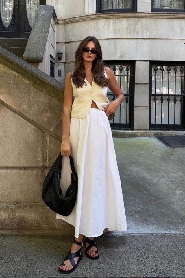 Ivory Maxi Skirt and Vest for Summer Casual — Long Skirt Outfits
