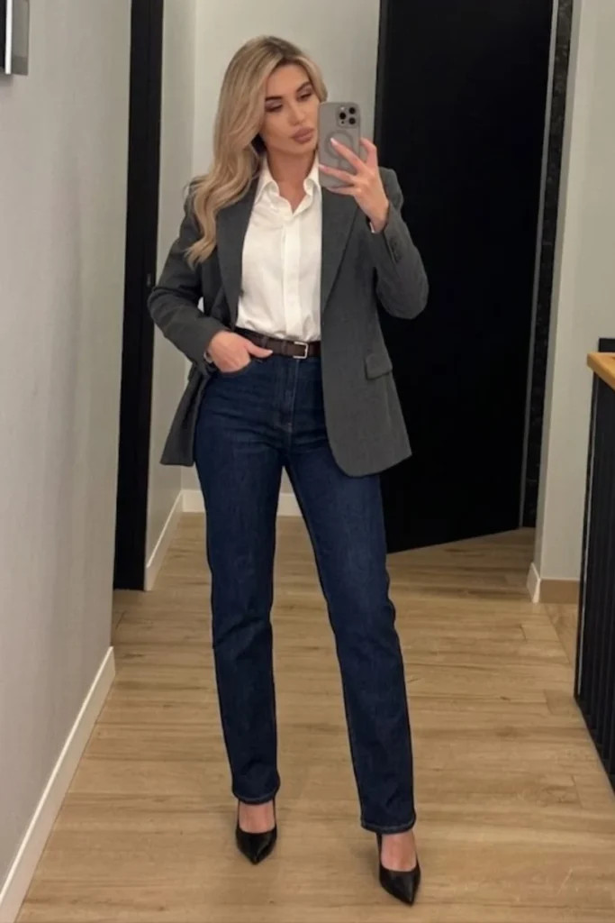 Grey Blazer and Jeans for Smart Corporate Casual Grey Blazer and Jeans for Smart Corporate Casual — Corporate Baddie Outfits