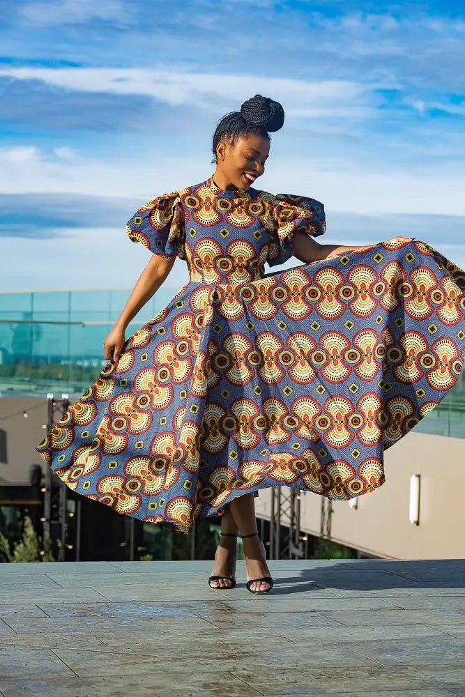 Blue Midi Dress with Voluminous Puff Sleeves Blue Midi Dress with Voluminous Puff Sleeves — Ankara Outfits