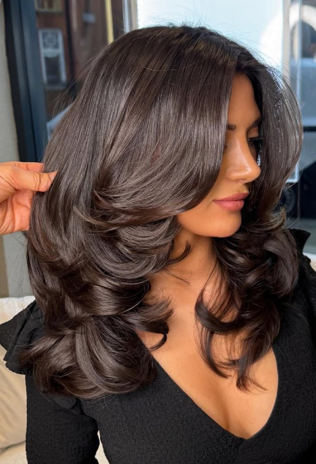 Dark Brown Visual Idea — Long Layered Hair with Curtain Bangs