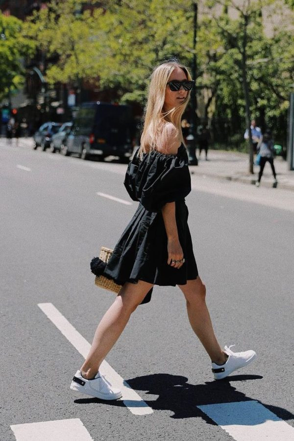 Black Off-the-Shoulder Mini Dress with Sneakers and Pom-Pom Bag — Sneakers with Dress Outfits