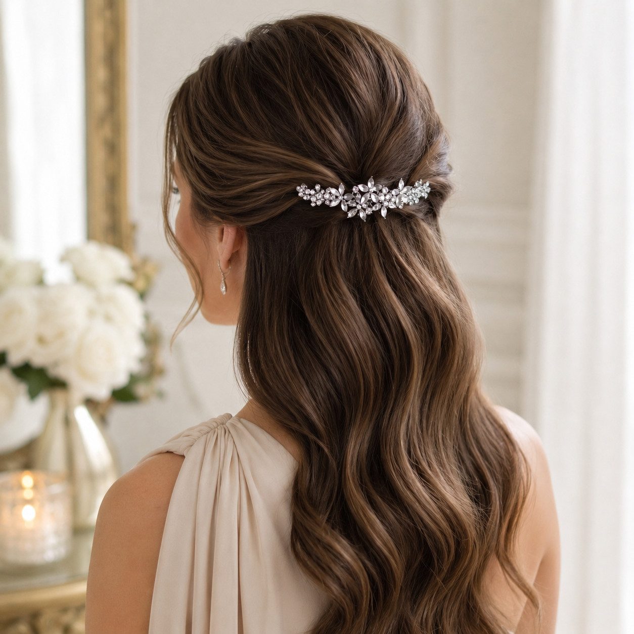 Half-Up Wavy Style With Ornate Barrette — Barrette Hairstyles