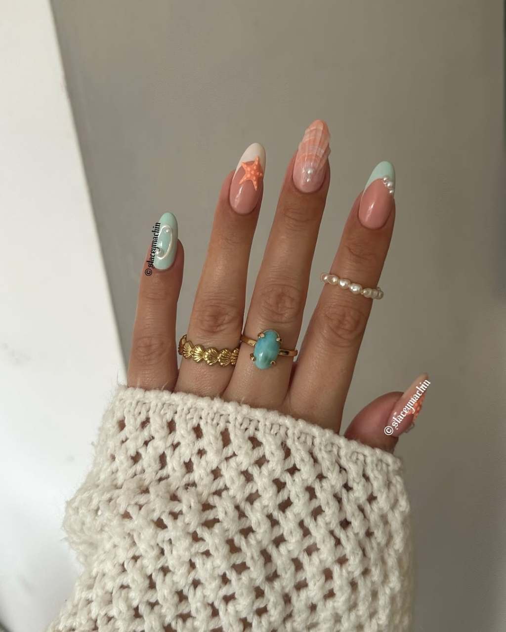 Nude French Tips with Peach and Mint Accents — Girls Trip Nails